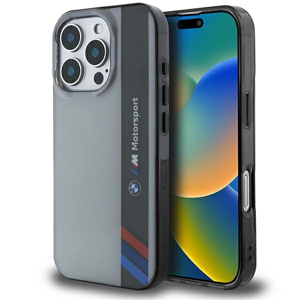 BMW Motosport IML vertikālā svītra iPhone 16 Pro apvalks - pelēks