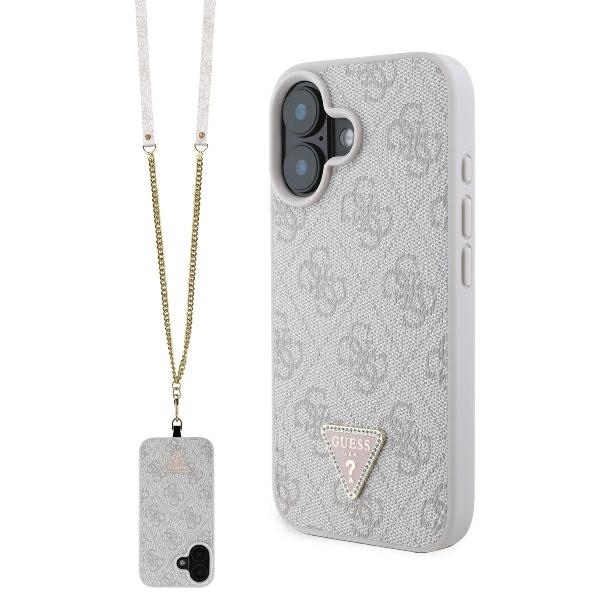 Guess Ādas Crossbody apvalks viedtālrunim iPhone 16 ar metāla logotipu un Strass - rozā