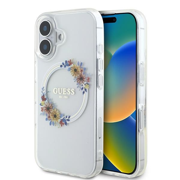 Guess IML Ziedu vainags Magnētiskais viedtālruņa apvalks iPhone 16 Plus - caurspīdīgs
