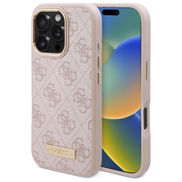 Guess 4G Logo Plate Magnētiskais viedtālruņa apvalks iPhone 16 Pro Max - rozā