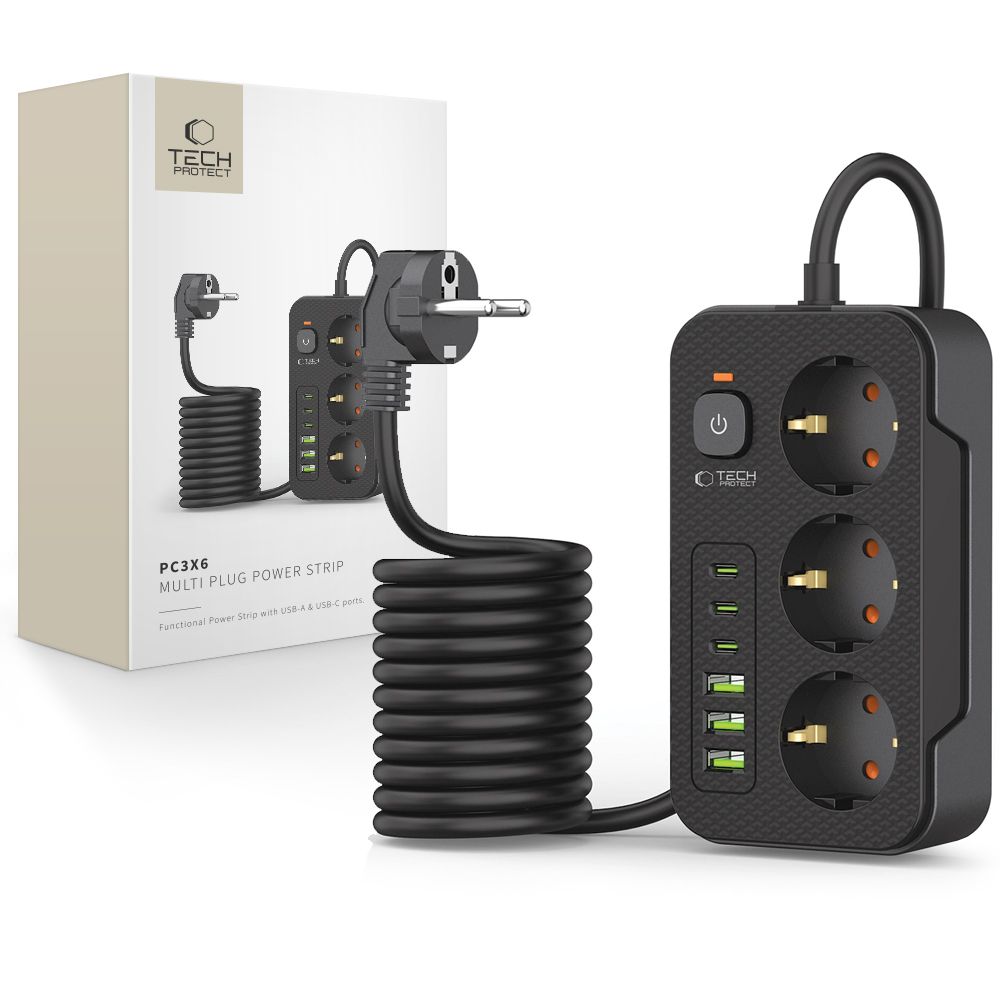 TECH-PROTECT PC3X6 PAGARINĀTĀJS 3 USB & 3 TYPE-C & 3 LIGZDU 200CM MELNS
