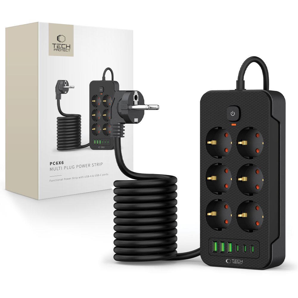 TECH-PROTECT PC6X6 PAGARINĀTĀJS 3 USB & 3 TYPE-C & 6 LIGZDU 200CM MELNS