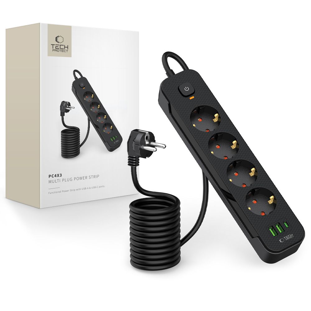TECH-PROTECT PCL4X3 PAGARINĀTĀJS 2 USB & 1 TYPE-C & 4 LIGZDU 200CM MELNS