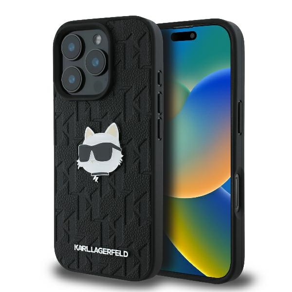 Karl Lagerfeld Monogram Choupette Head Pin viedtālruņa apvalks iPhone 16 Pro - melns