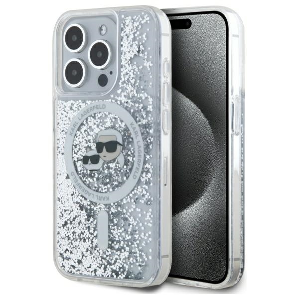 Karl Lagerfeld Šķidrie spīdumi Karl & Choupette Head Magnētiskais viedtālruņa apvalks iPhone 15 Pro - caurspīdīgs