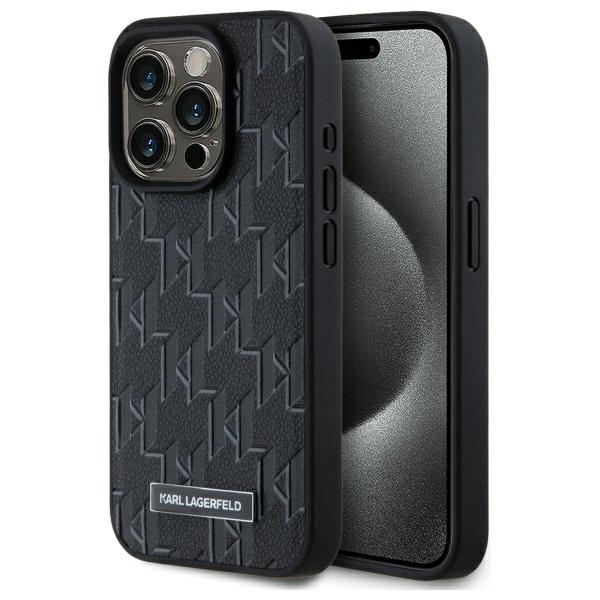 Karl Lagerfeld Ādas monogramma Metāla logotips Magnētiskais viedtālruņa apvalks iPhone 15 Pro - melns