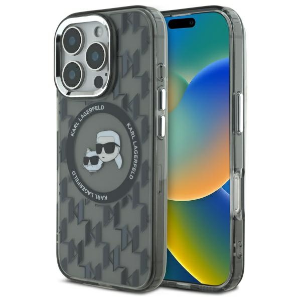 Karl Lagerfeld IML Monogramma Karl & Choupette Head Magnētiskais viedtālruņa apvalks iPhone 16 Pro - melns
