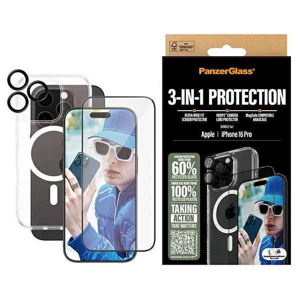 PanzerGlass komplekts 3in1 iPhone 16 Pro 6.3" D3O ciets apvalks + Aizsargstikls UWF + objektīvs B1292+2862+1284