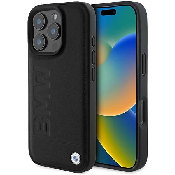 BMW ādas apvalks ar karsto zīmogu iPhone 16 Pro Max - melns