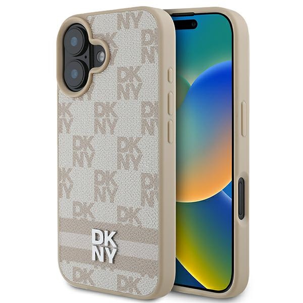 DKNY šachī raksts un drukātas svītras iPhone 16 apvalks rozā