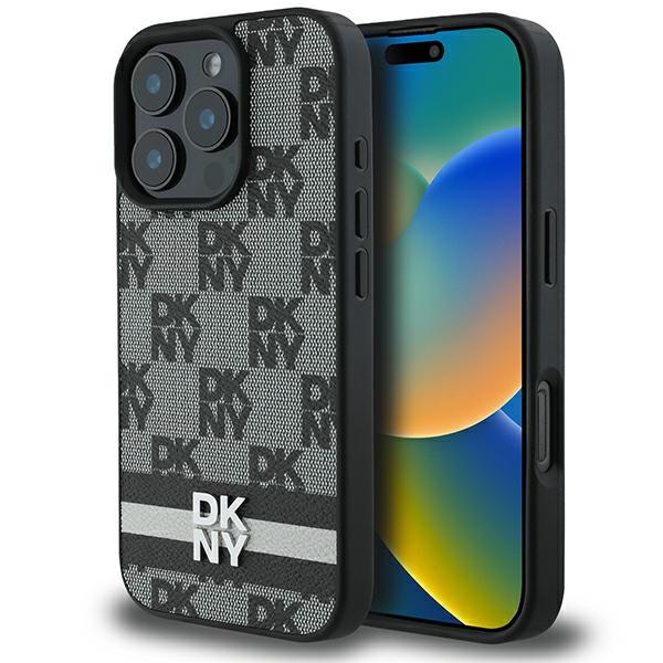 DKNY šachī raksts un drukātas svītras apvalks iPhone 16 Pro Max melns