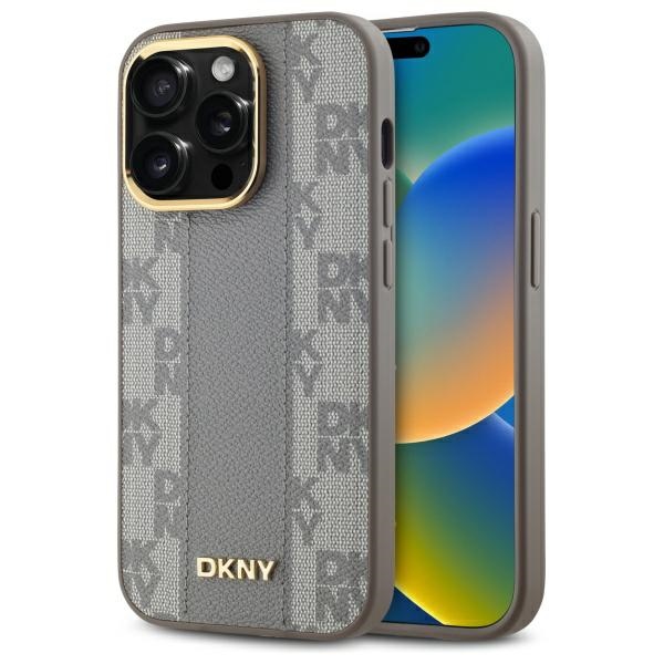 DKNY Ādas rūtainais mono raksts Magnētiskais viedtālruņa apvalks iPhone 14 Pro - bēša