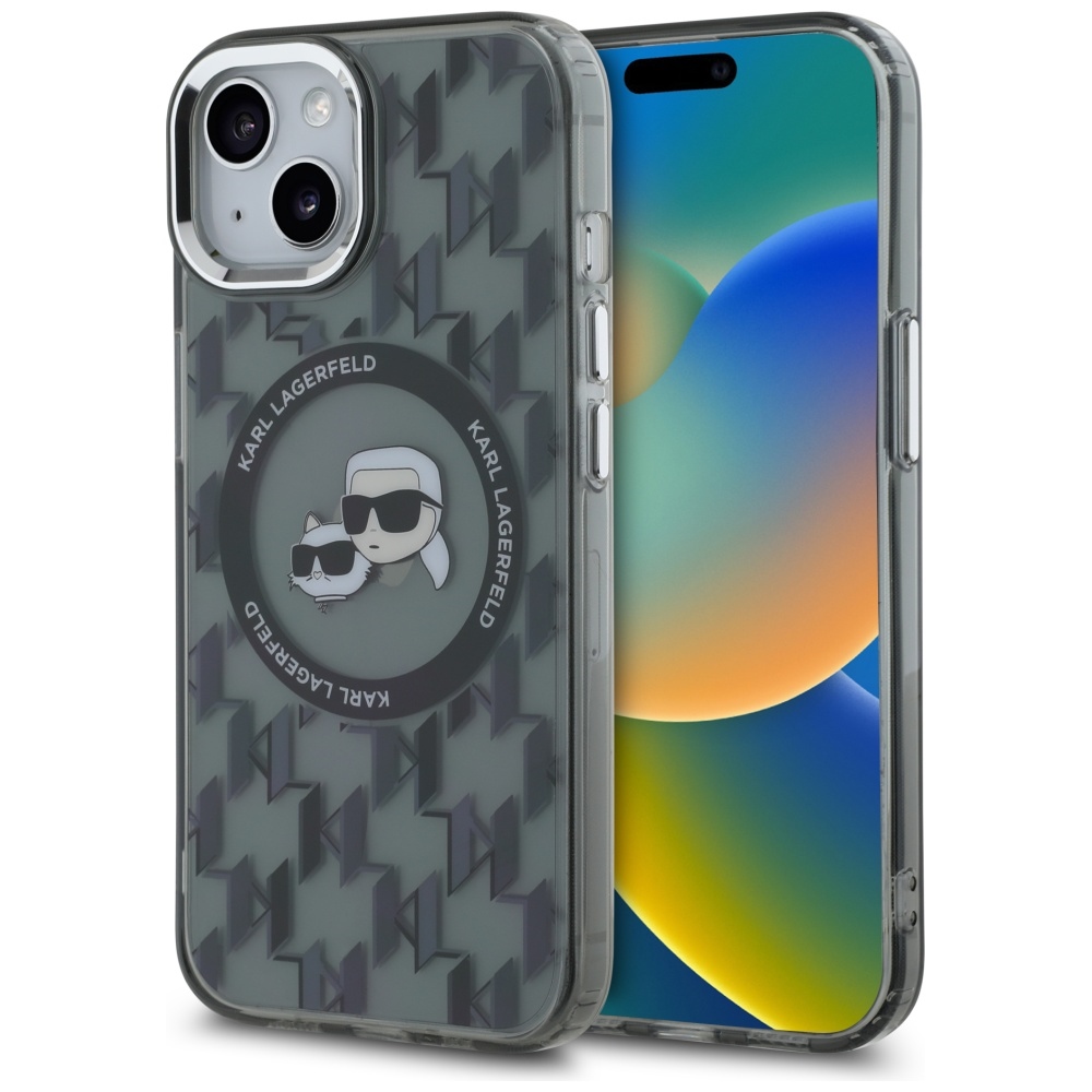 Karl Lagerfeld IML Monogramma Karl & Choupette Head Magnētiskais iPhone 15 Plus viedtālruņa apvalks - melns