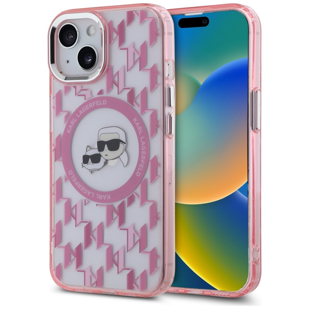 Karl Lagerfeld IML Monogramma Karl & Choupette Head Magnētiskais iPhone 15 Plus viedtālruņa apvalks - rozā