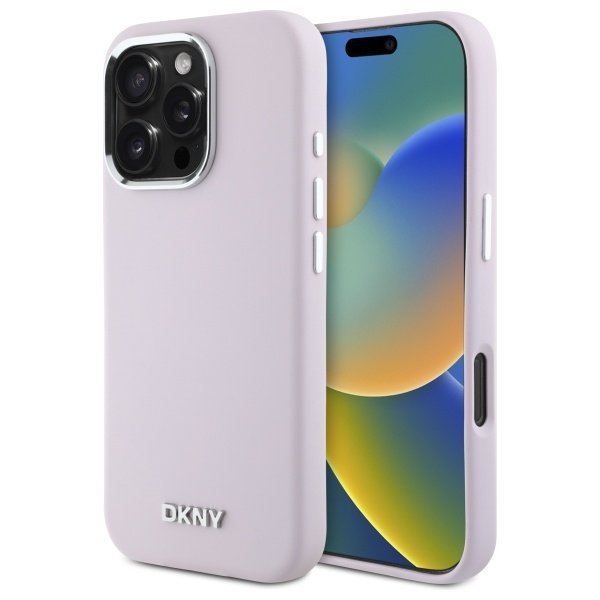 DKNY šķidra silikona ar mazu metāla logotipu Magnētiskais viedtālruņa apvalks iPhone 16 Pro Max - rozā