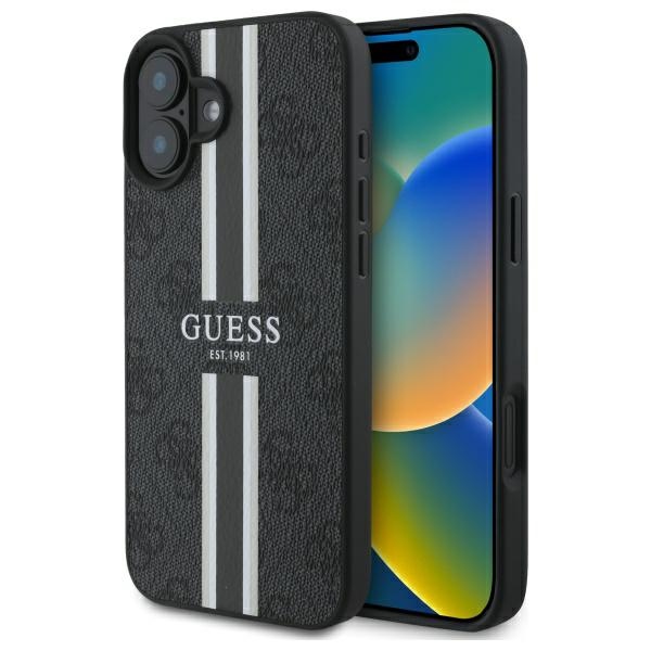 Guess 4G Printed Stripes Magnētiskais viedtālruņa apvalks iPhone 16 - melns