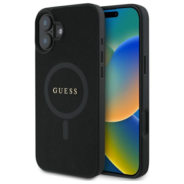 Guess Saffiano Classic Logo Magnētiskais viedtālruņa apvalks iPhone 16 - melns