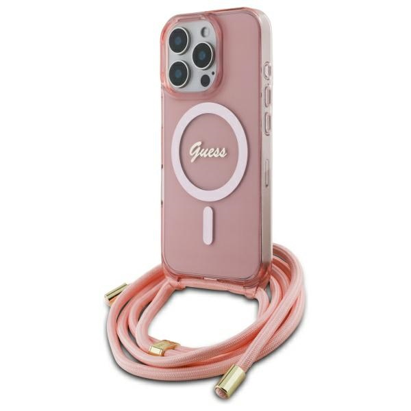 Guess Crossbody Cord Script Magnētiskais viedtālruņa apvalks iPhone 16 Pro Max - rozā