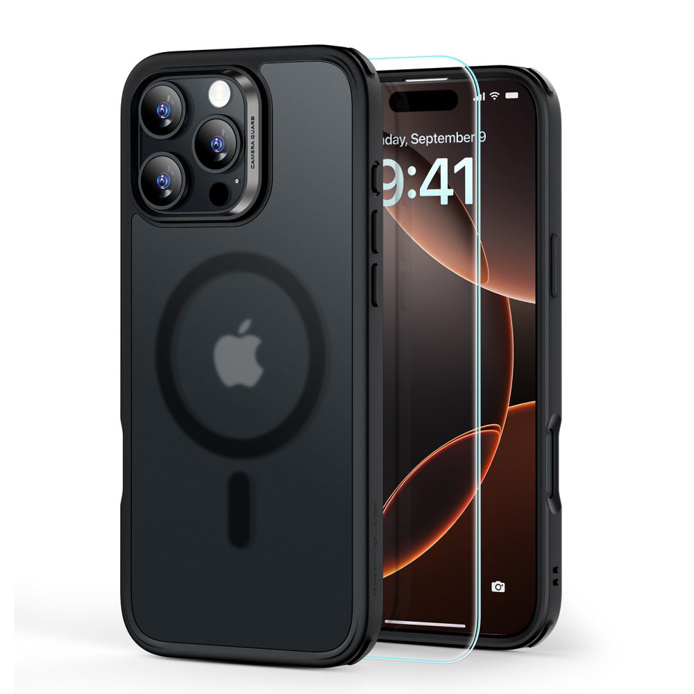 ESR Classic Hybrid Halolock MagSafe apvalks komplekts + rūdītais stikls iPhone 16 Pro Max - daļēji caurspīdīgs ar melnu rāmi