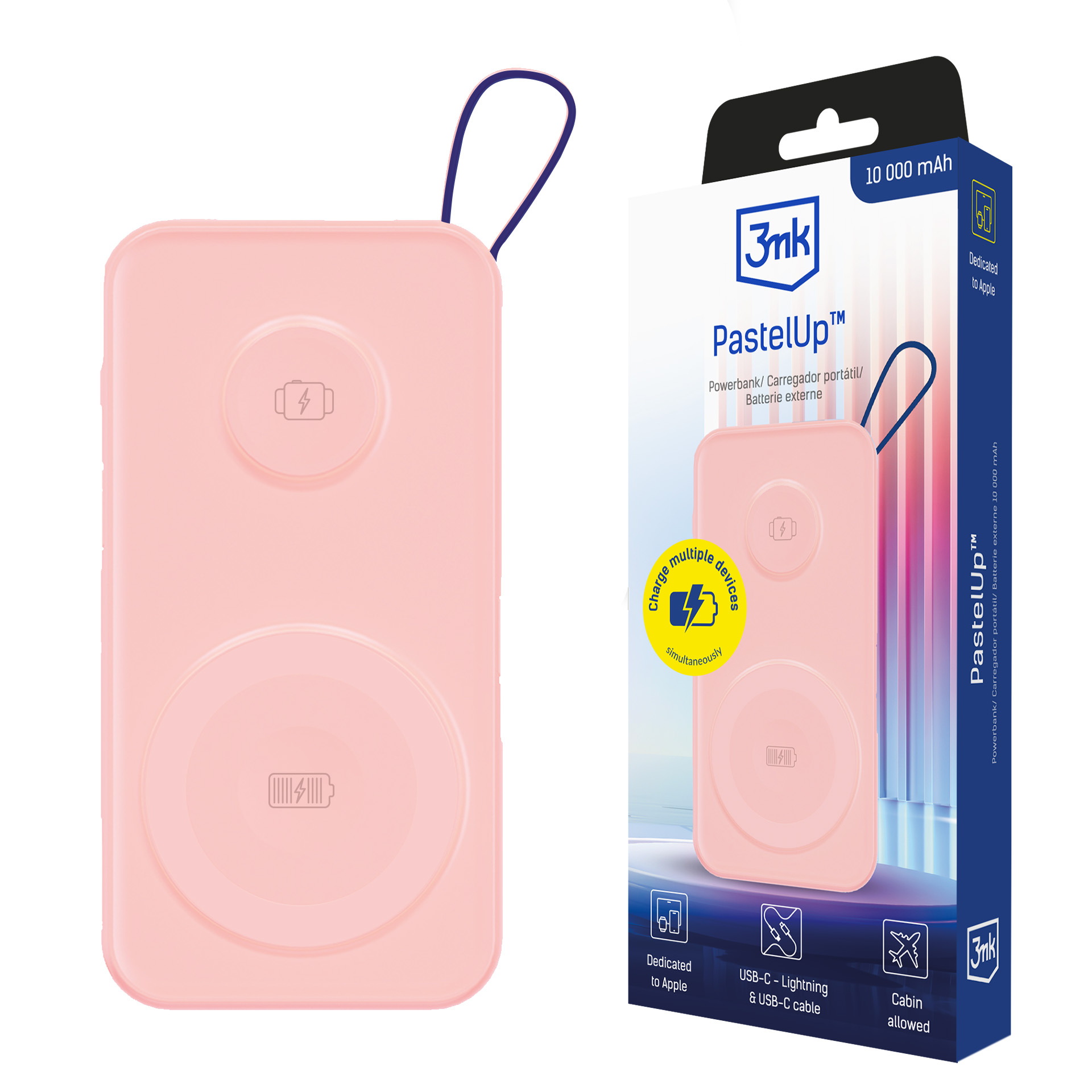 3mk PastelUp 10000mAh 22.5W USB 1A1C Bezvadu Portatīvais lādētājs (m) - rozā