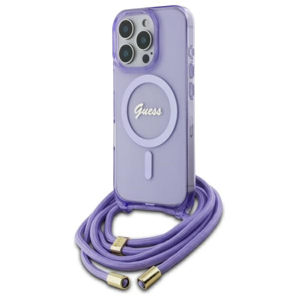 Guess Crossbody Cord Uzraksts Magnētiskais viedtālruņa apvalks iPhone 16 Pro - violets