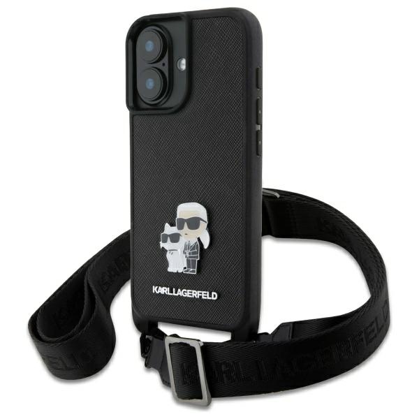 Karl Lagerfeld Saffiano Karl&Choupette Metal Pin CBDY siksna iPhone 16 viedtālruņa apvalks – melns