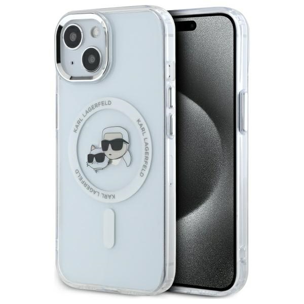 Karl Lagerfeld IML Metal Karl&Choupette galvas MagSafe iPhone 14 viedtālruņa apvalks – balts