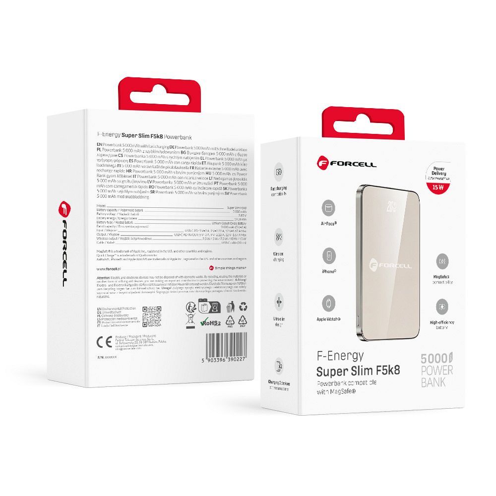 Portatīvais lādētājs saderīgs ar MagSafe Forcell F-Energy SuperSlim F5K8 QC4.0 PD3.0 15W 5000 mAh titāna dykuma krāsa