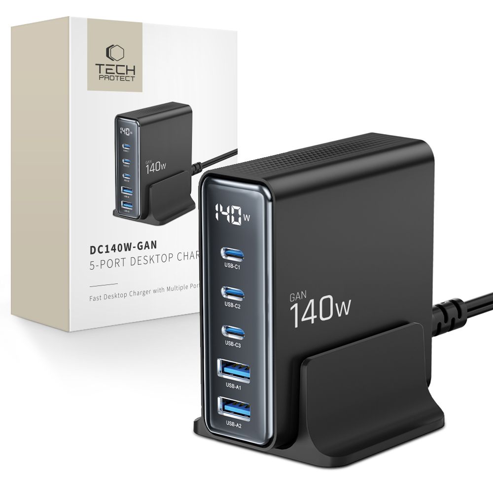 Tech-Protect DC140W-GAN 5-портовая PD140W QC3.0 Зарядная станция - чёрный
