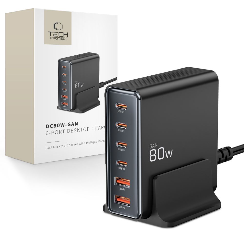 Tech-protect DC80W-GAN 6-PORT PD80W/QC3.0 uzlādes stacija - melna