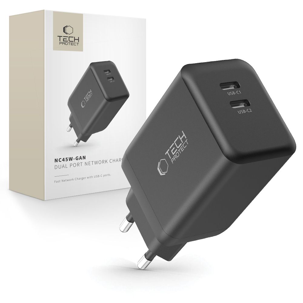 Tech-Protect NC45W-GAN 2-PORT PD45W sienas lādētājs - melns
