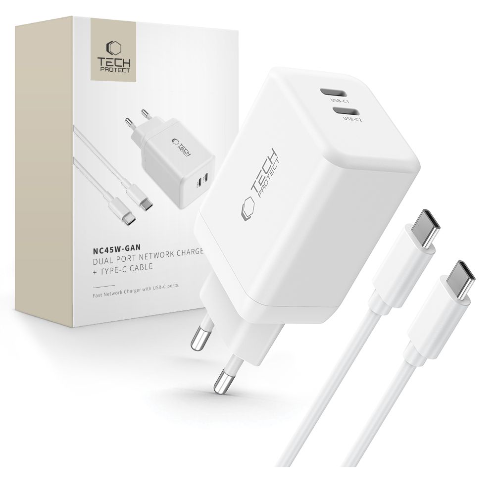 Tech-Protect NC45W-GAN 2-PORT PD45W lādētājs + TYPE-C kabelis - balts