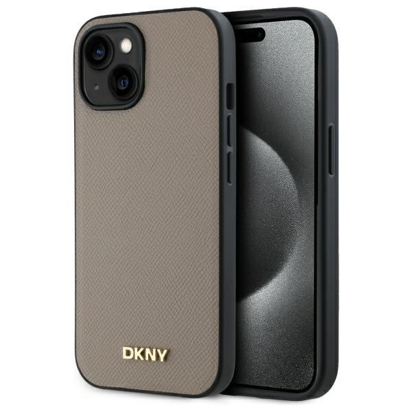 DKNY Grained Metal Logo Magnētiskais iPhone 15 viedtālruņa apvalks - bēšs