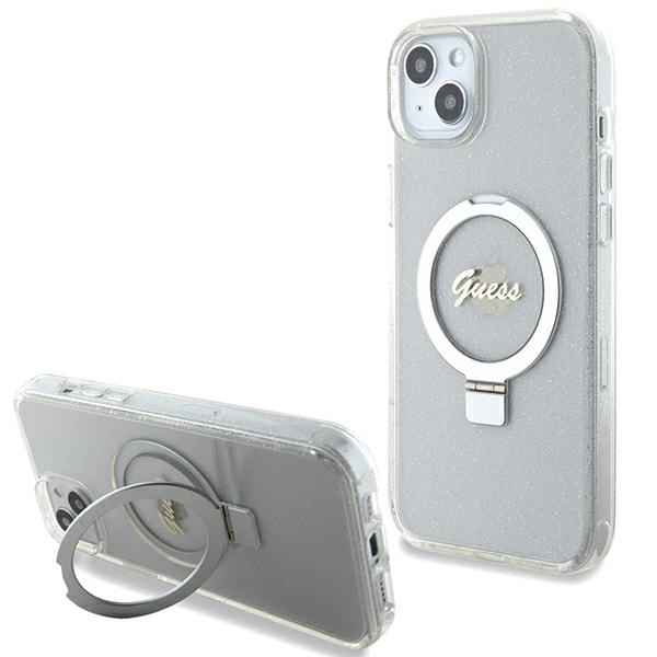 Guess GUHMP15MHRSGSD iPhone 15 Plus / 14 Plus 6.7" caurspīdīgs/caurspīdīgs cietais apvalks Gredzena Statīvs Script Glitter Magnētiskais