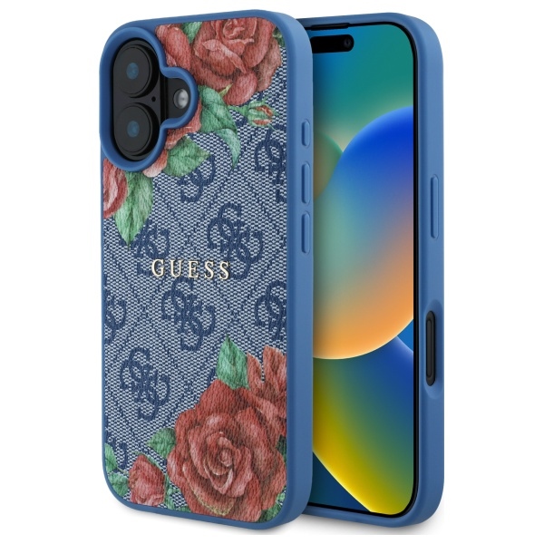 Guess GUHMP16SP4ROPEMCB iPhone 16 6.1" zils/zils cietais apvalks 4G Ziedu Druka Magnētiskais