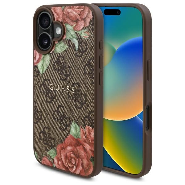 Guess GUHMP16SP4ROPEMCW iPhone 16 6.1" brūns/brūns cietais apvalks 4G Ziedu Druka Magnētiskais