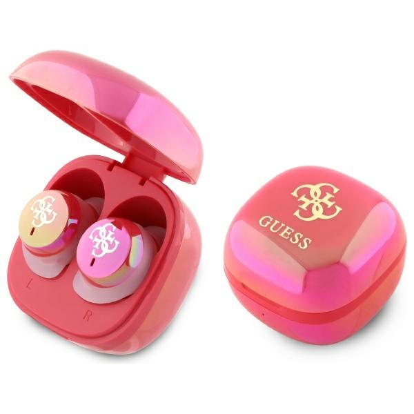 Guess Bluetooth austiņas GUTWSJ144ESF TWS + dokstacija fuksijas/fuksijas varavīksnes 4G drukāts logotips