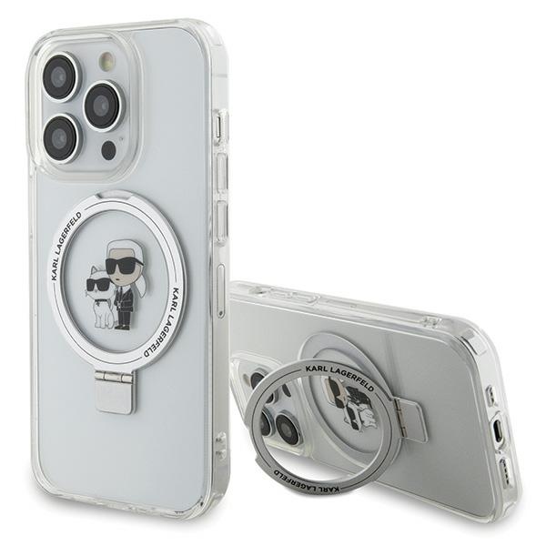 Karl Lagerfeld KLHMP15XHMRSKCH viedtālruņa apvalks iPhone 15 Pro Max 6.7" baltas krāsas ciets riņķa statīvs Karl&Choupette MagSafe