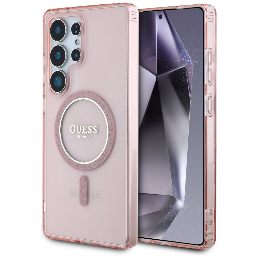Guess Glitter Circle Classic Logo Magnētiskais viedtālruņa apvalks Samsung Galaxy S25 Ultra rozā