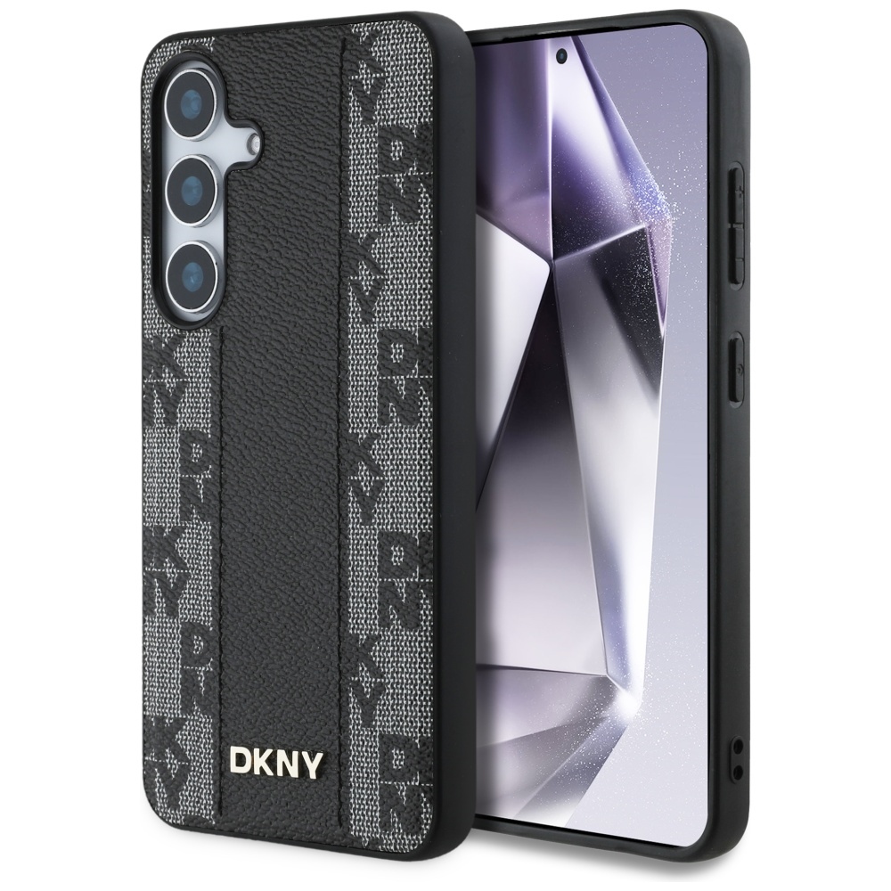 DKNY ādas rūtainā raksta magnētiskais viedtālruņa apvalks Samsung Galaxy S25 - melns