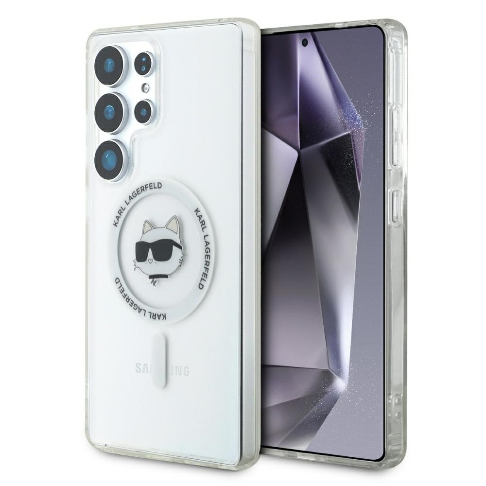 Karl Lagerfeld pogu Choupette Head izdrukātais logotips Magnētiskais viedtālruņa apvalks Samsung Galaxy S25 Ultra balts