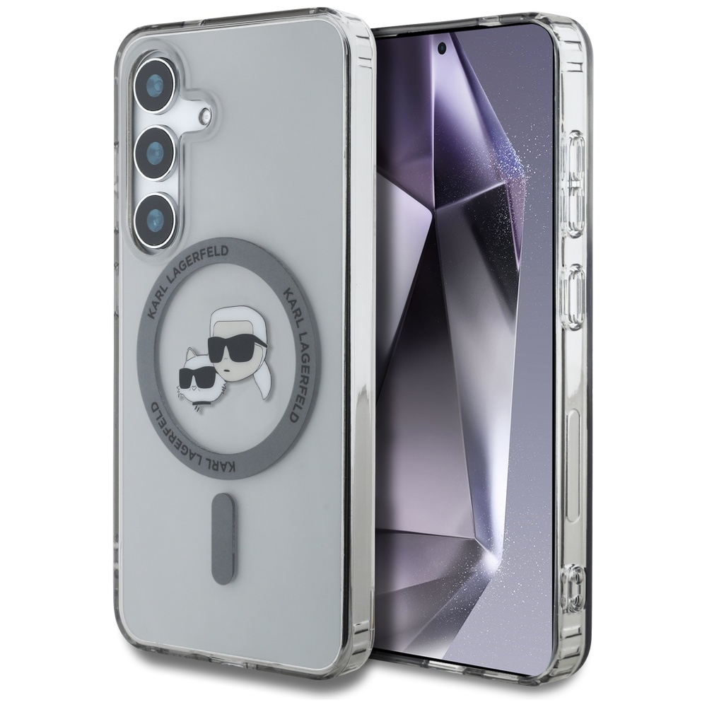 Viedtālruņa apvalks Karl Lagerfeld Button Karl & Choupette Heads Izdrukāts logotips MagSafe Samsung Galaxy S25 - melns