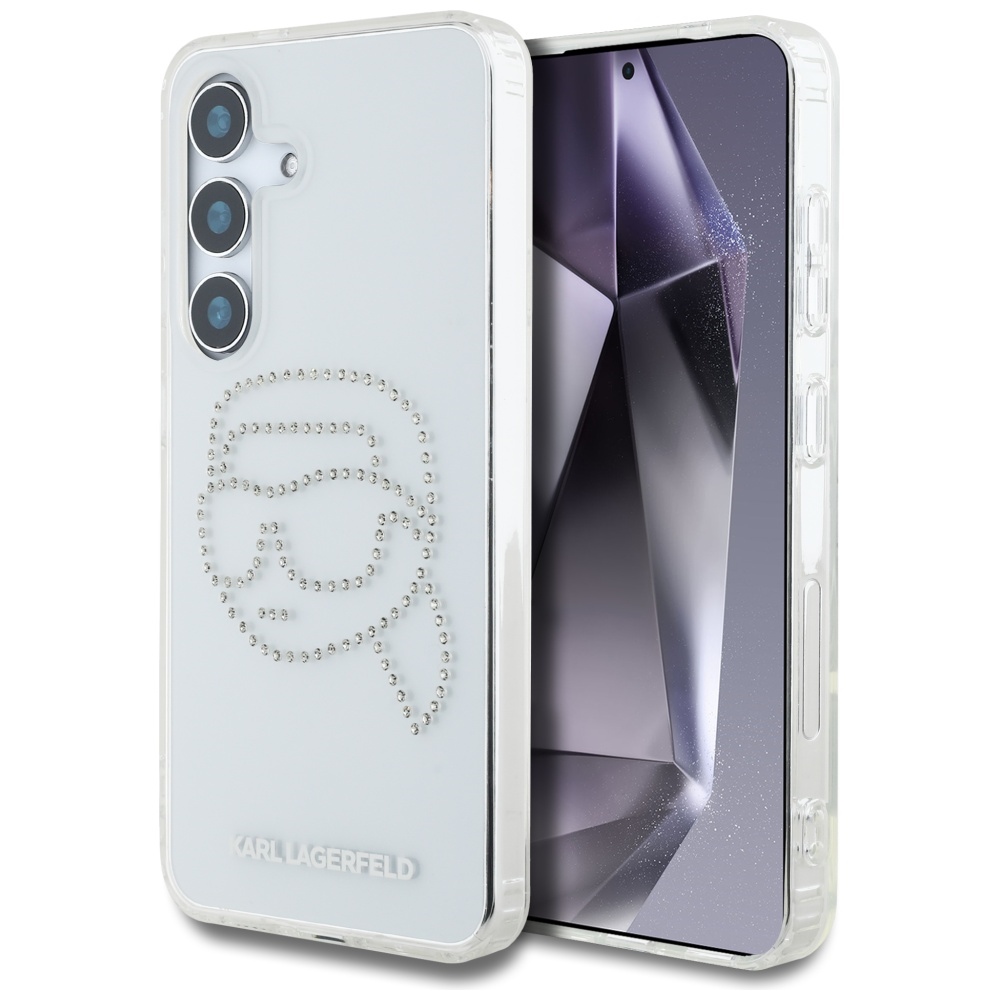 Karl Lagerfeld viedtālruņa apvalks ar rhinestones Karl Head logotipu Samsung Galaxy S25 caurspīdīgs