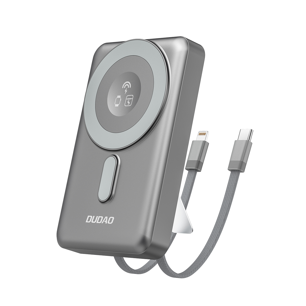 Dudao K29 10000mAh PD 20W Magnētiskā portatīvais lādētājs ar metāla apvalku, statīvu un iebūvētiem USB-C/Lightning kabeļiem - pelēka