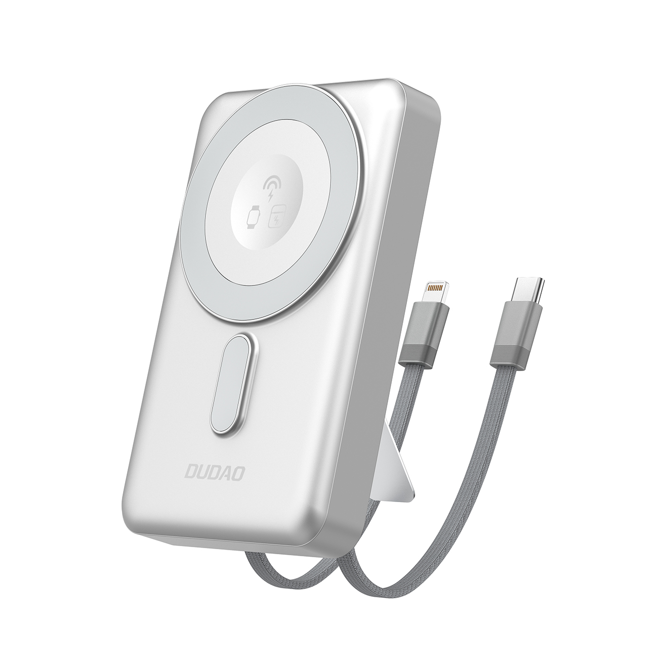 Dudao K29 10000mAh PD 20W Magnētiskā portatīvais lādētājs ar metāla apvalku, statīvu un iebūvētiem USB-C/Lightning kabeļiem - sudraba