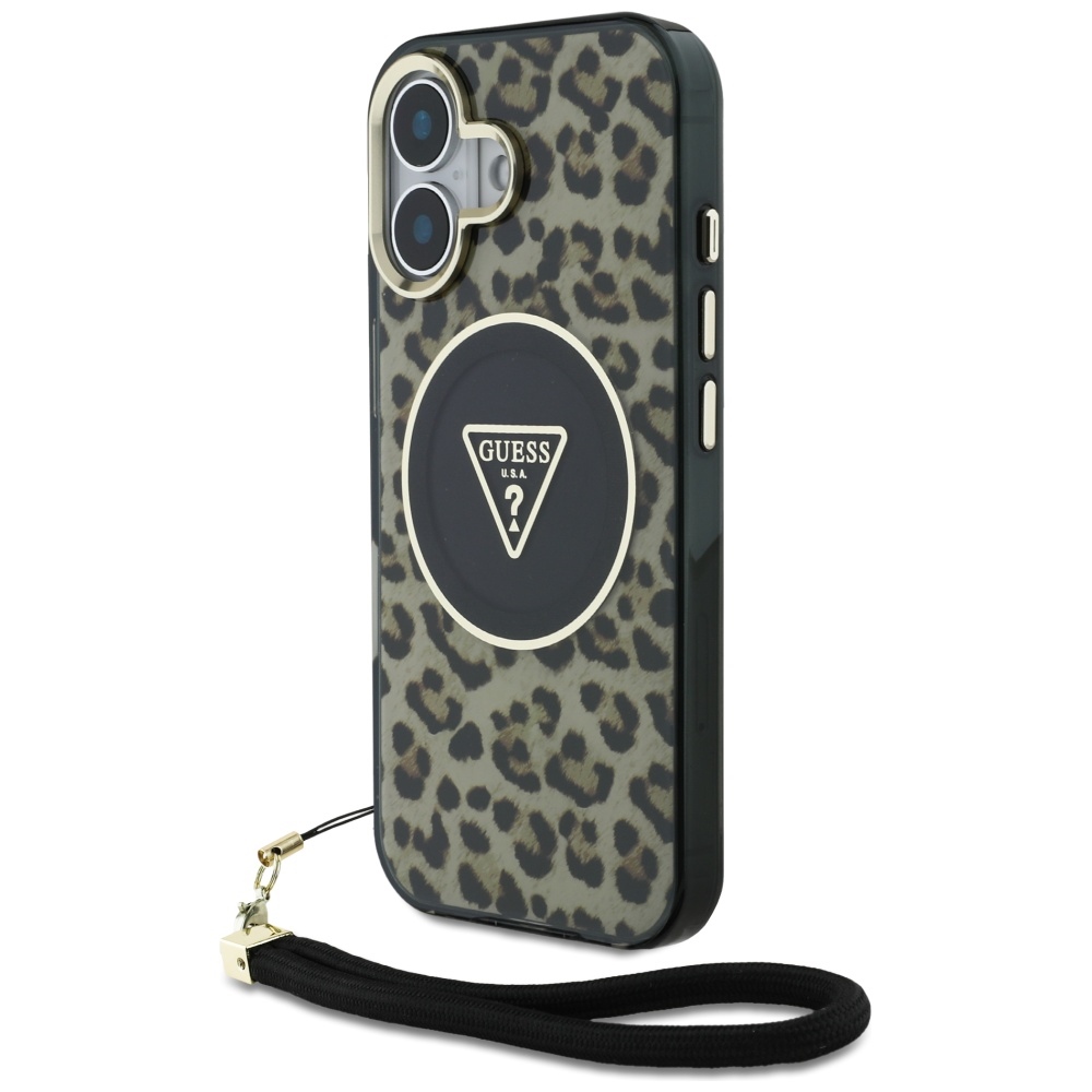 Guess HC IML leoparda trīsstūra auklas siksna MagSafe iPhone 16 apvalks - brūns