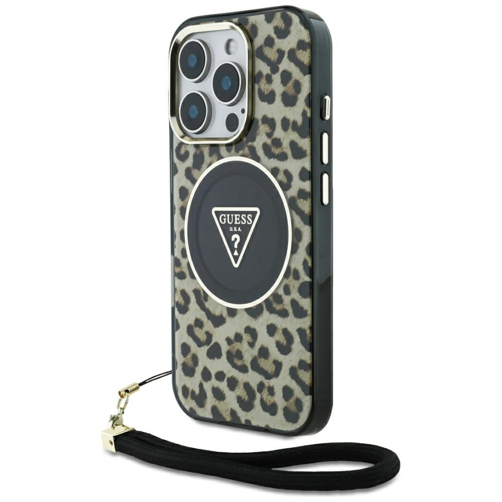 Guess HC IML leoparda trīsstūra auklas siksna MagSafe apvalks iPhone 16 Pro - brūns