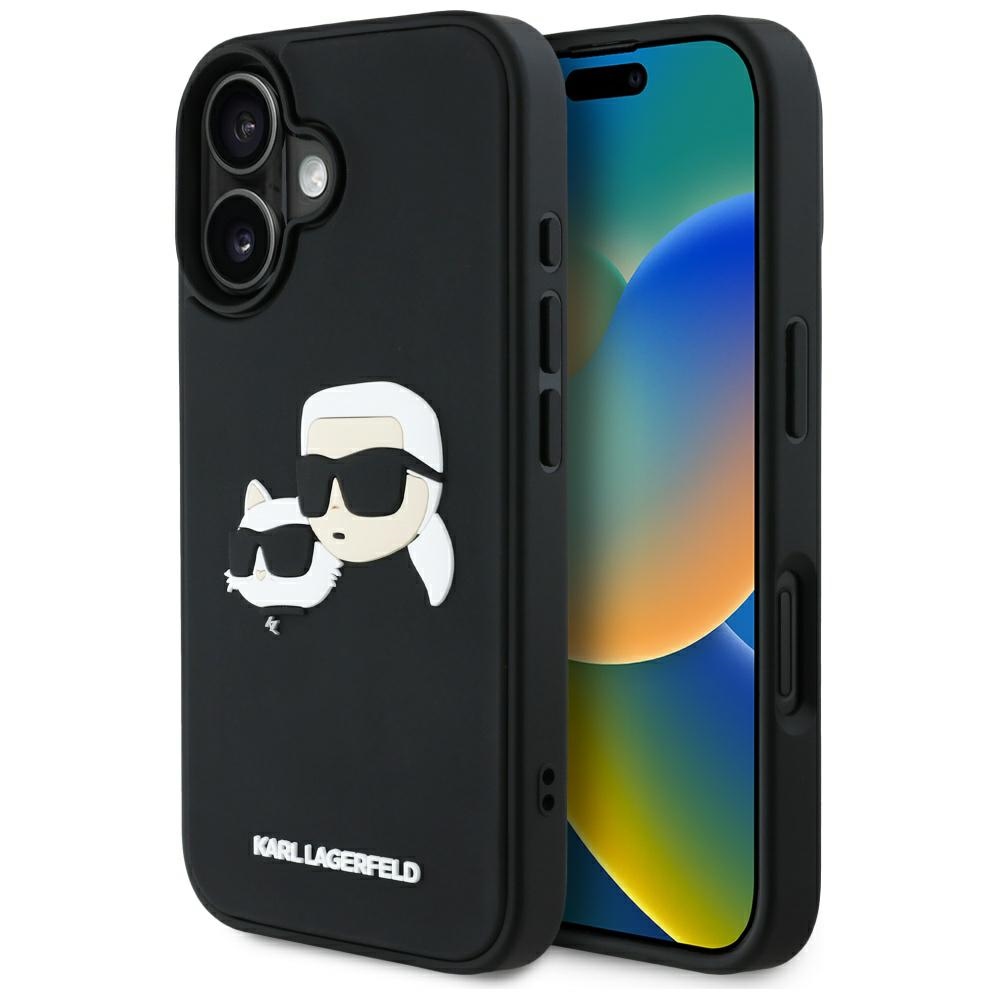Karl Lagerfeld HC 3D gumijas dubultgalvu iPhone 16 viedtālruņa apvalks - melns