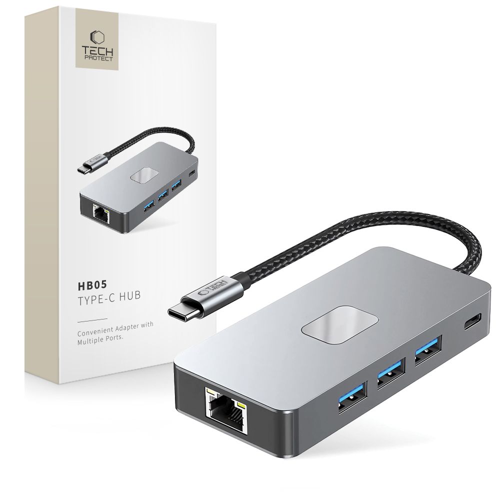 Tech-Protect HB05 HUB 9in1 USB-C + USB2.0 + USB3.0 + HDMI 4K 60Hz + SD / TF + PD100W + RJ45 adapteris - pelēks