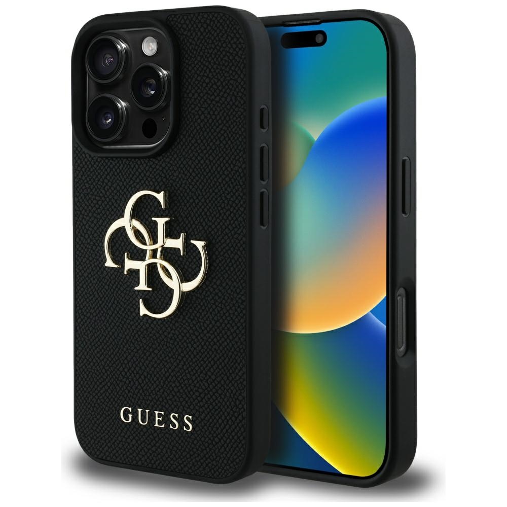 Guess graudainais lielais 4G logotips mazais klasiskā logotipa apvalks iPhone 16 Pro Max - melns